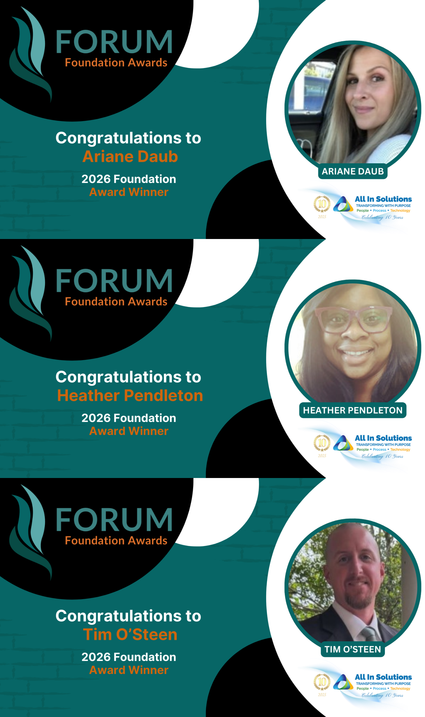 Ariane Daub, Heather Pendleton, and Tim O'Steen — 2026 FORUM Foundation Award Winners